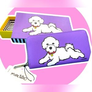Marc Tetro Saffiano Leather Lg Zip around Wallet Bischon Frise Purple &White NWT